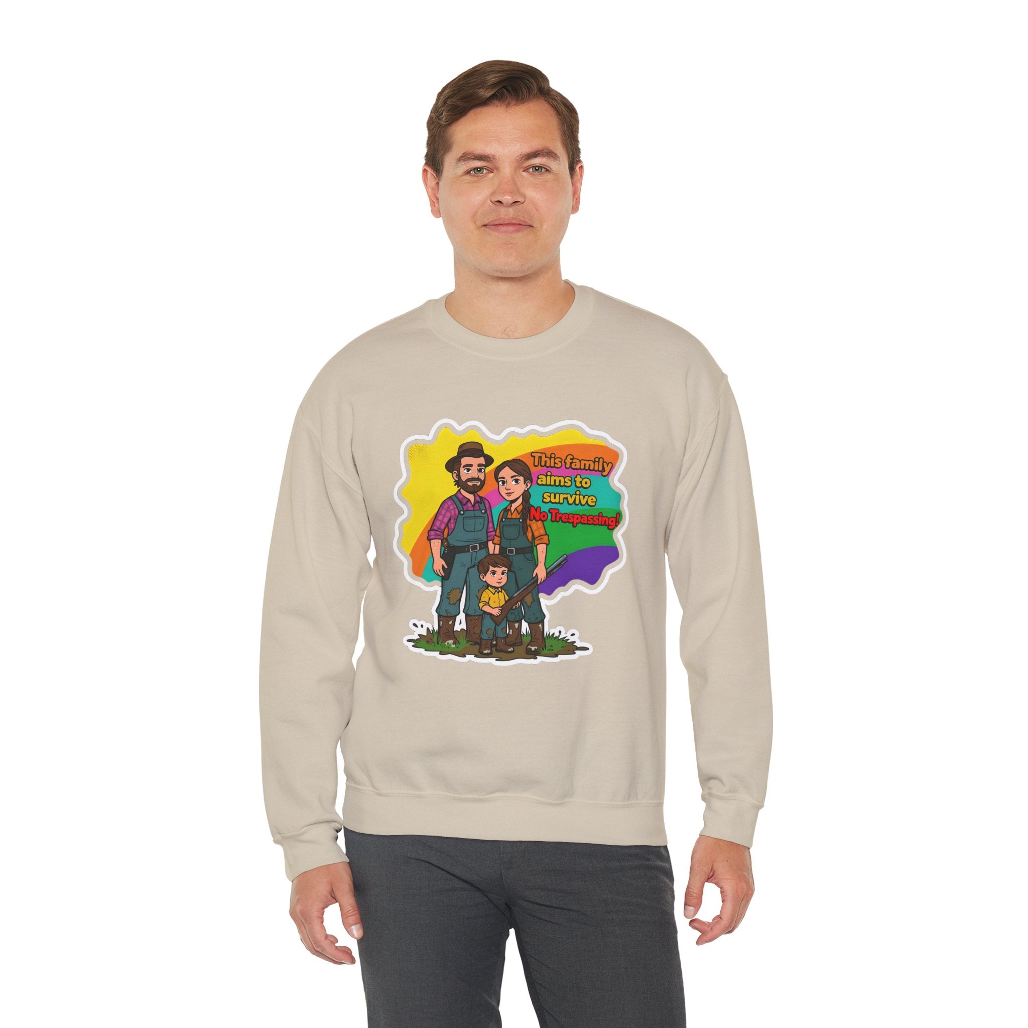 'This family aims to survive No Trespassing!'' | Crewneck Sweatshirt | Funny Gun Signs