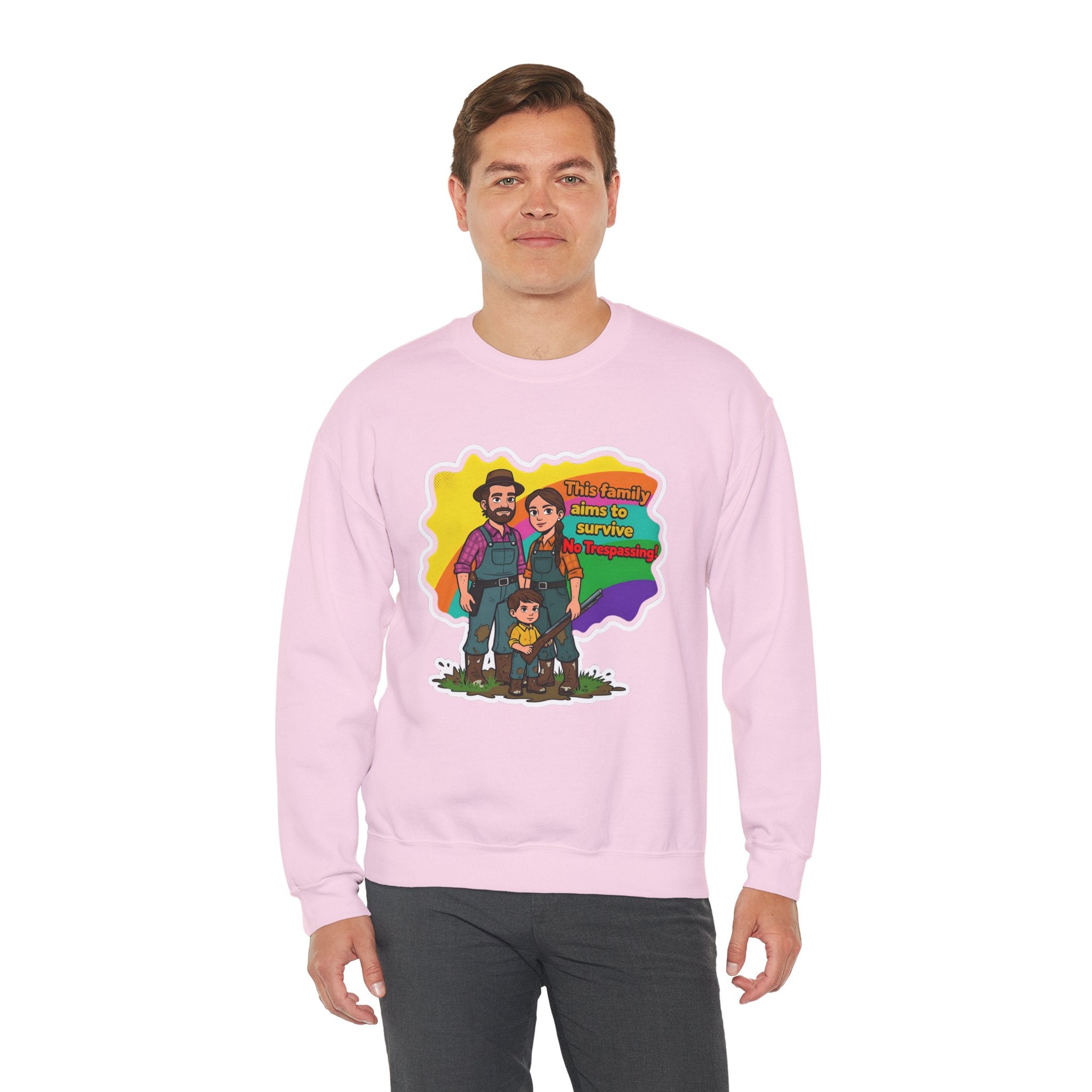 'This family aims to survive No Trespassing!'' | Crewneck Sweatshirt | Funny Gun Signs