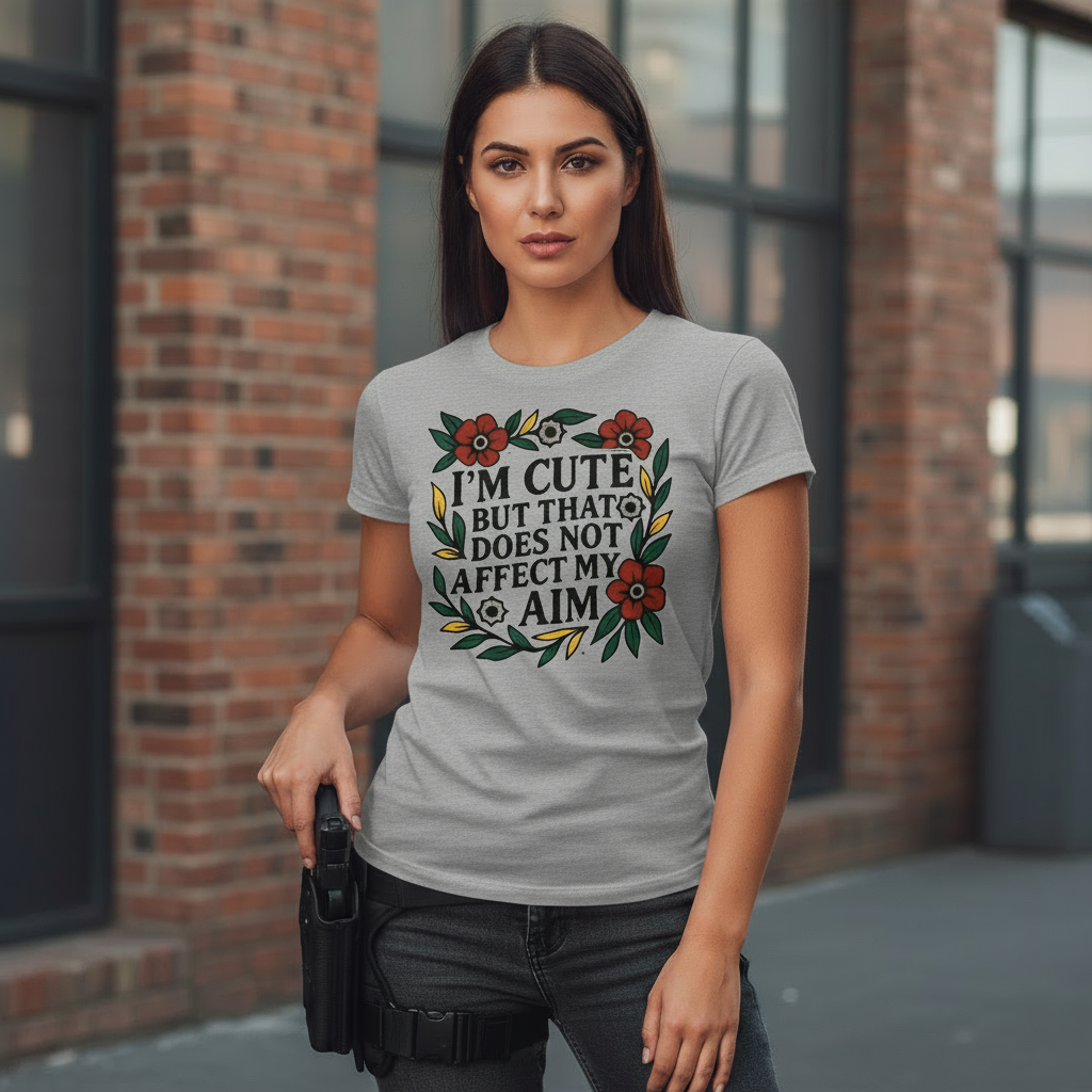 'Im cute but that does not affect my aim' | Crewneck Sweatshirt | Funny Gun Signs
