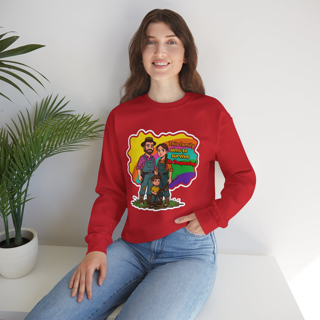 'This family aims to survive No Trespassing!'' | Crewneck Sweatshirt | Funny Gun Signs