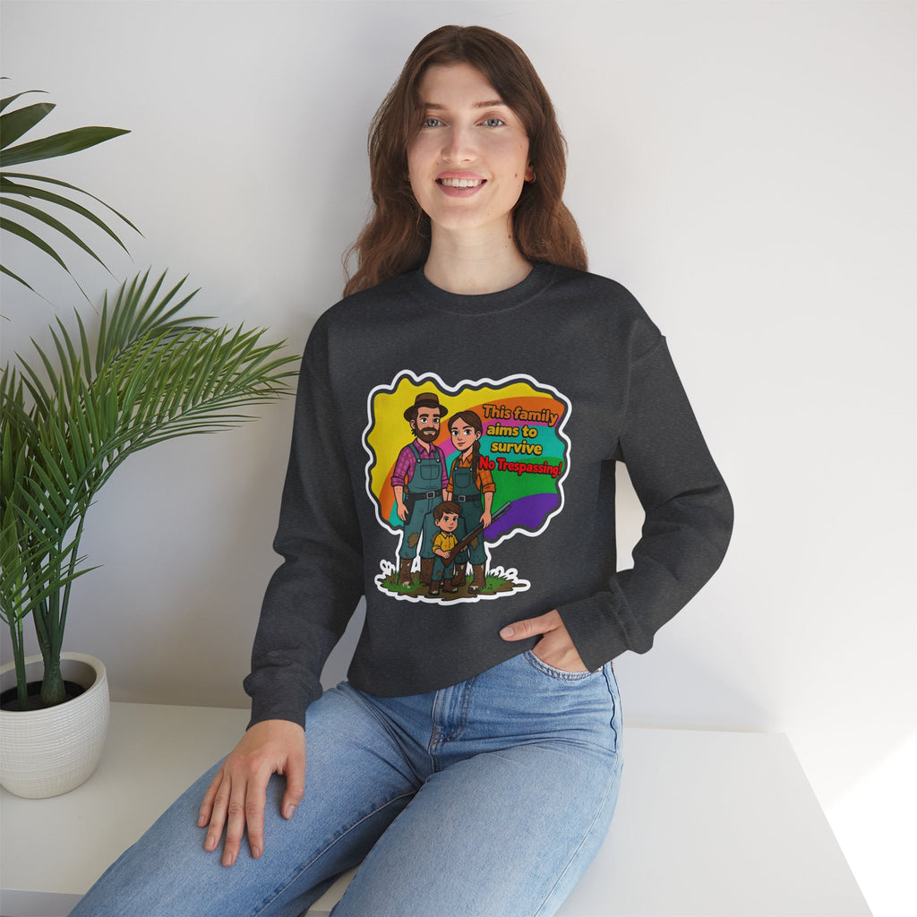 'This family aims to survive No Trespassing!'' | Crewneck Sweatshirt | Funny Gun Signs