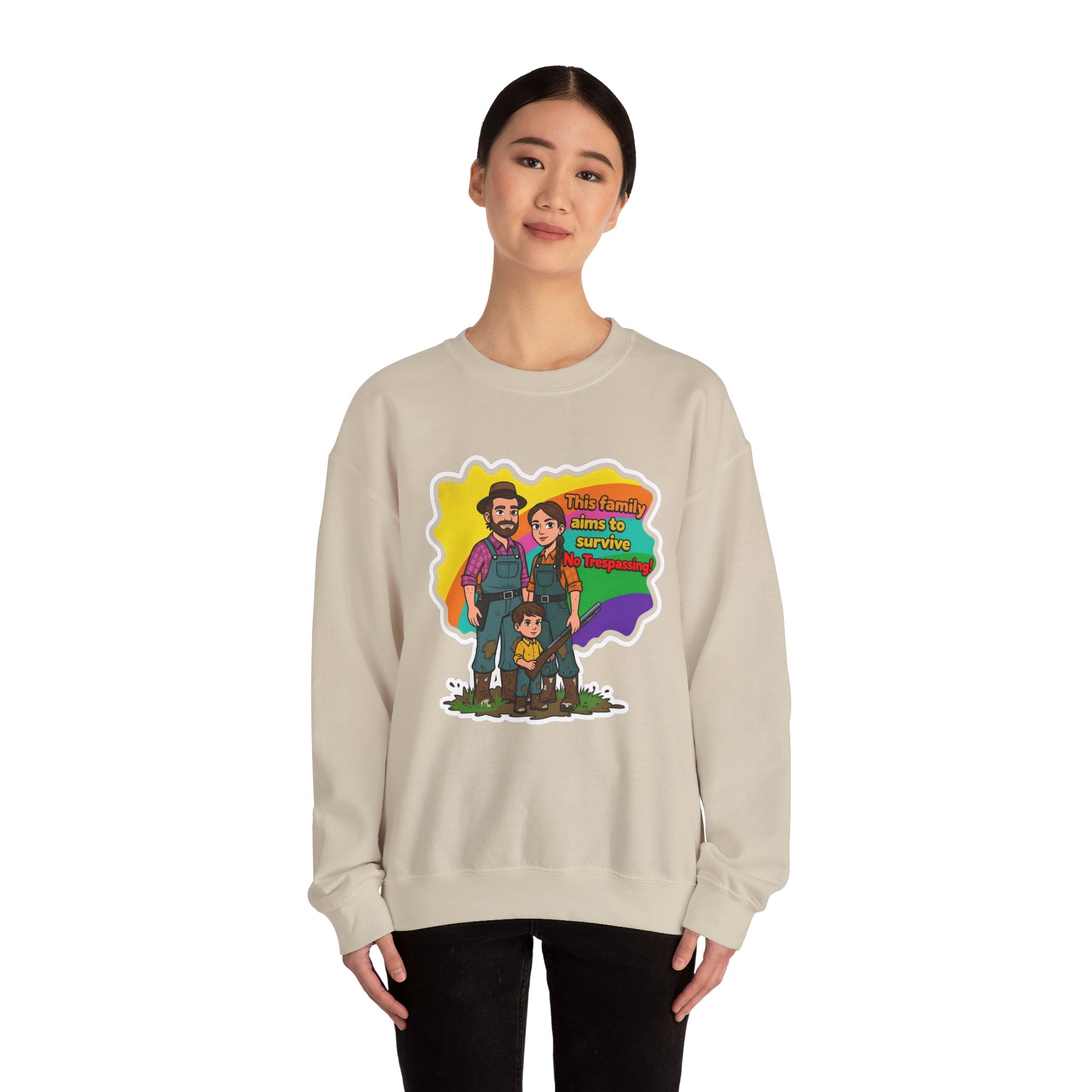 'This family aims to survive No Trespassing!'' | Crewneck Sweatshirt | Funny Gun Signs
