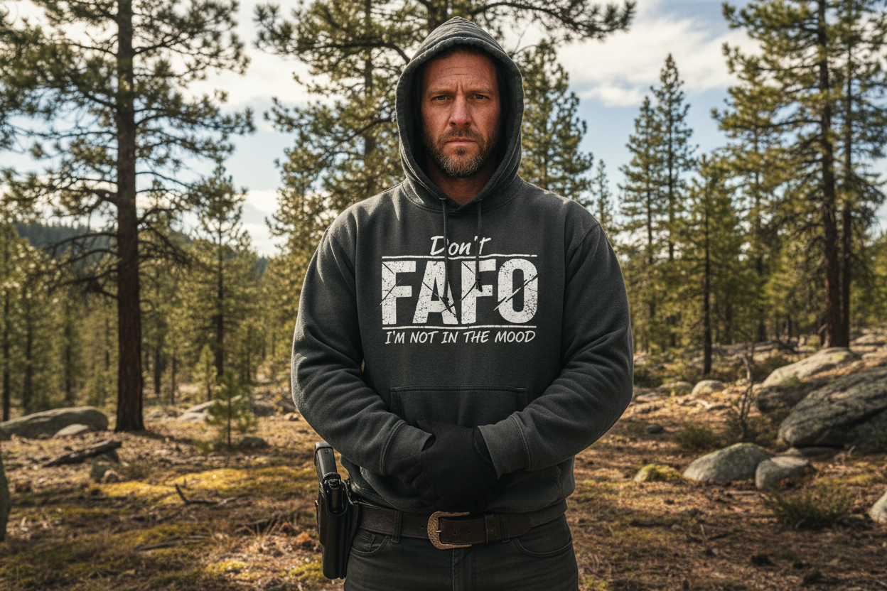 hyper-realistic image of a man wearing his gun on his side in a holster, wearing a sweat shirt that says, "Don't 'FAFO I'm not in the mood". Make the 'FAFO' Larger and in the center on it's own line all bold grunge centered text (all caps), outdoor scene, belt visible